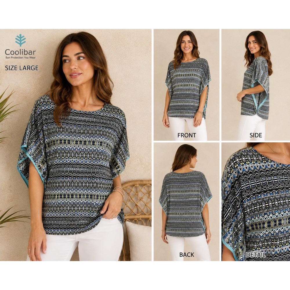 Coolibar multi-color geometric patterned dolman sleeve UPF 50+ Women's Size M